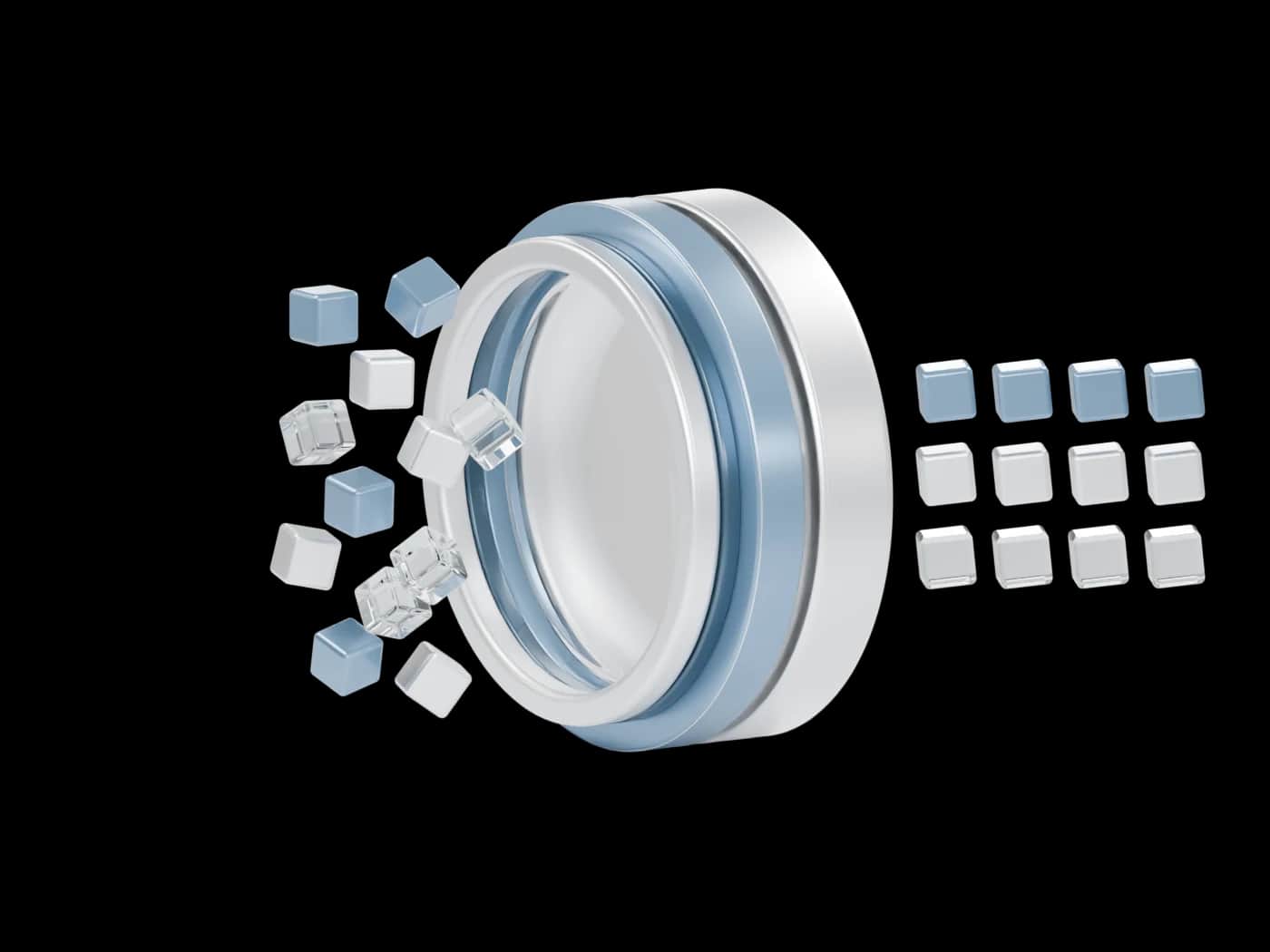 The Clarity Lens: silver and blue rings turning scattered glass and metal blocks into an organised grid.