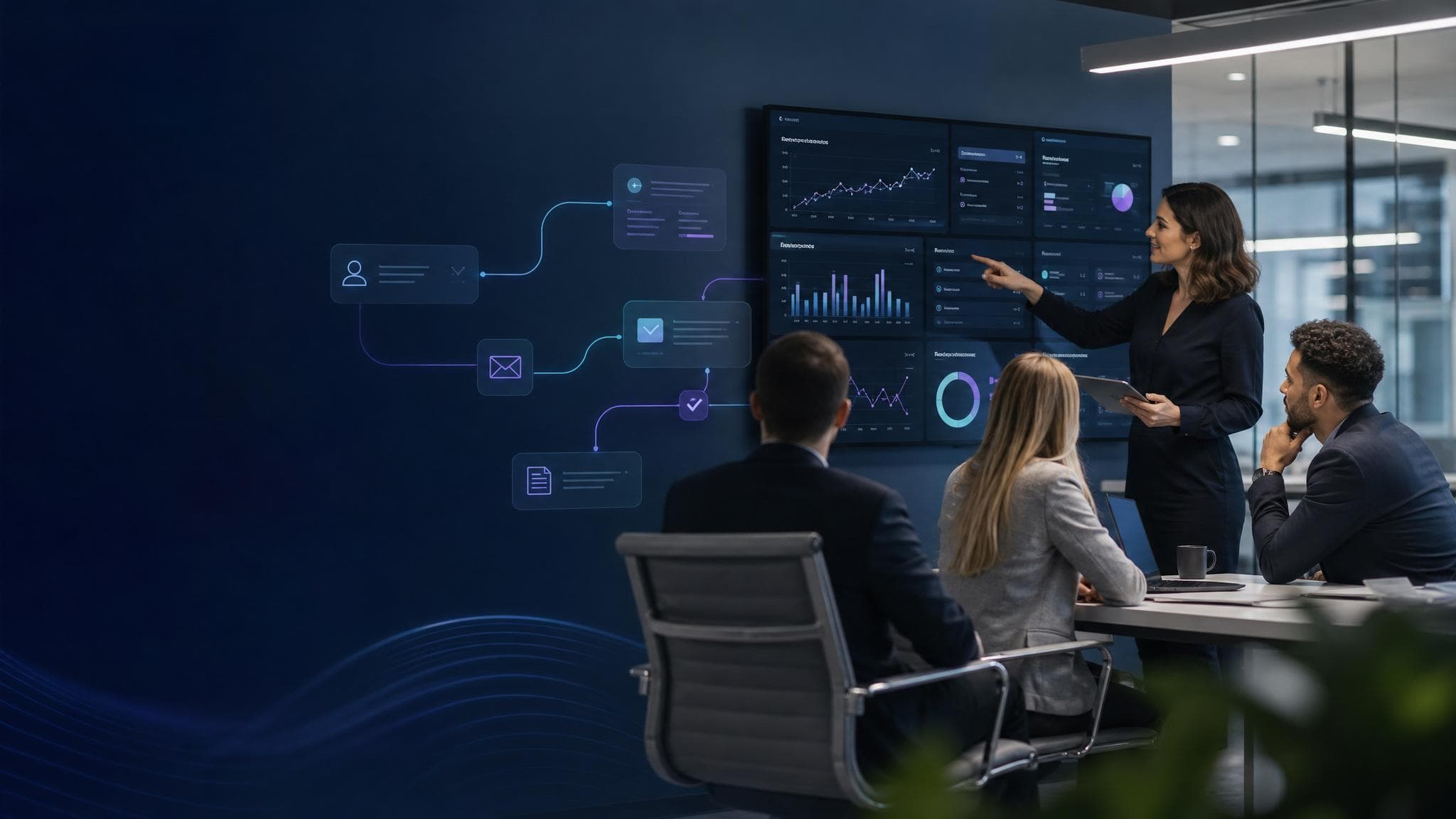 Workflow automation consulting dashboard showing CRM, email, reporting, and AI workflow nodes